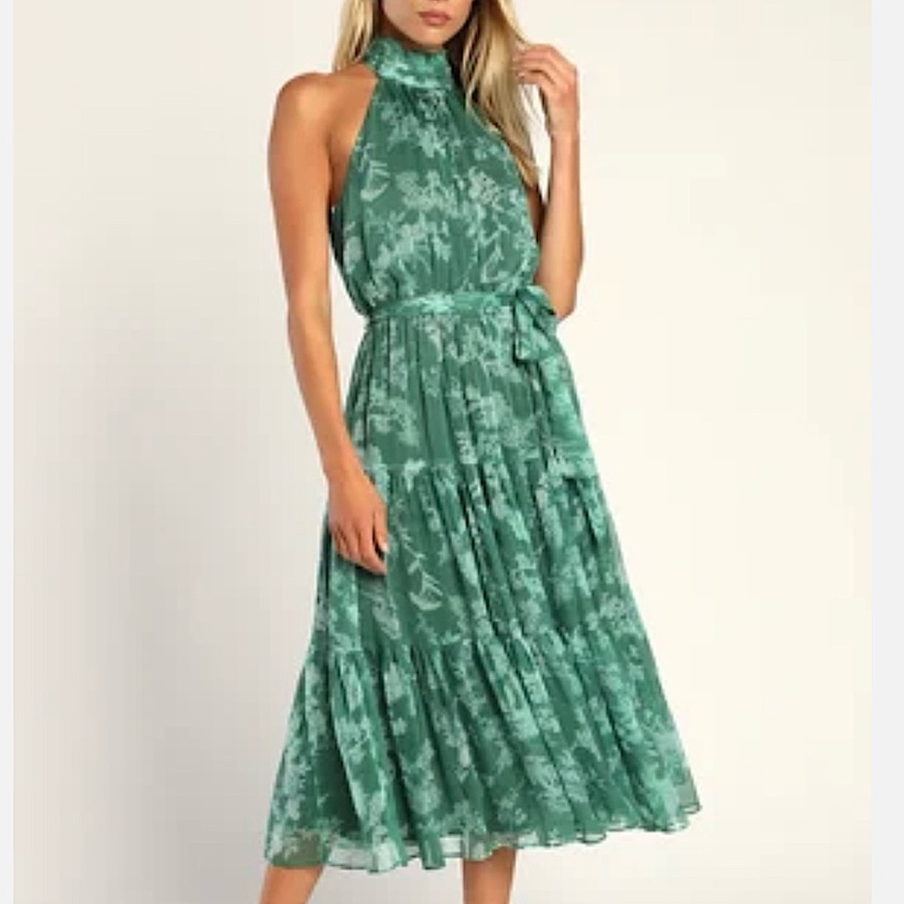 Lulus Float to You Green Floral Halter High Neck Midi Dress